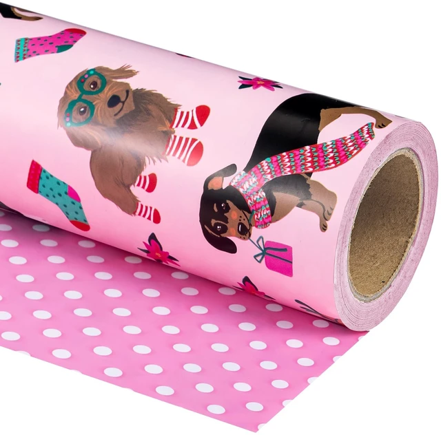 Main image of WRAPAHOLIC Reversible Dog Christmas Wrapping Paper - Mini Roll - 17 Inch x 33 Feet - Pink Christmas Dog Wrapping Paper and Polke Dot Design for Holiday, Puppy Party Celebration