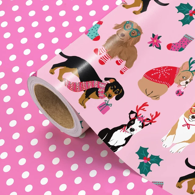 Alt view image 2 of 7 - WRAPAHOLIC Reversible Dog Christmas Wrapping Paper - Mini Roll - 17 Inch x 33 Feet - Pink Christmas Dog Wrapping Paper and Polke Dot Design for Holiday, Puppy Party Celebration