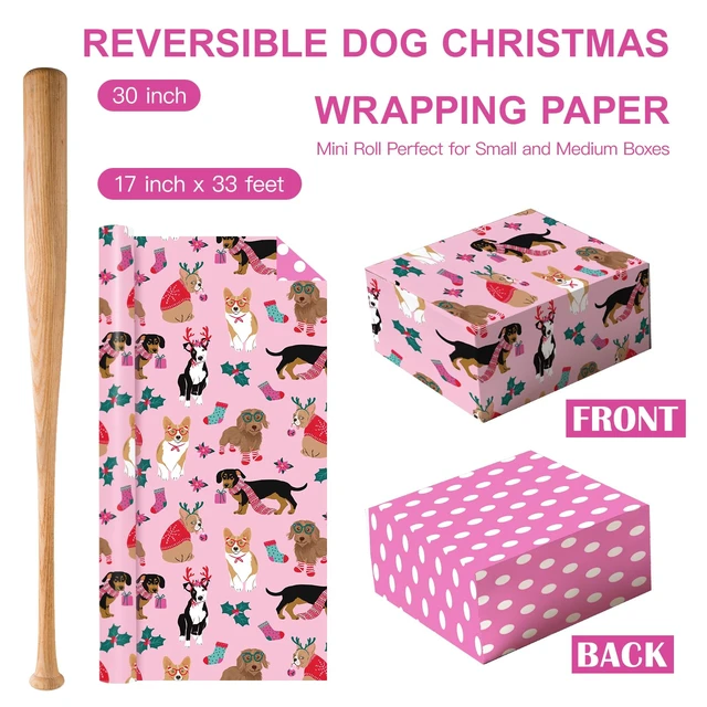 Alt view image 3 of 7 - WRAPAHOLIC Reversible Dog Christmas Wrapping Paper - Mini Roll - 17 Inch x 33 Feet - Pink Christmas Dog Wrapping Paper and Polke Dot Design for Holiday, Puppy Party Celebration