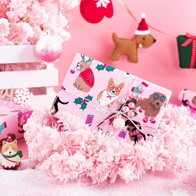 Alt view image 4 of 7 - WRAPAHOLIC Reversible Dog Christmas Wrapping Paper - Mini Roll - 17 Inch x 33 Feet - Pink Christmas Dog Wrapping Paper and Polke Dot Design for Holiday, Puppy Party Celebration