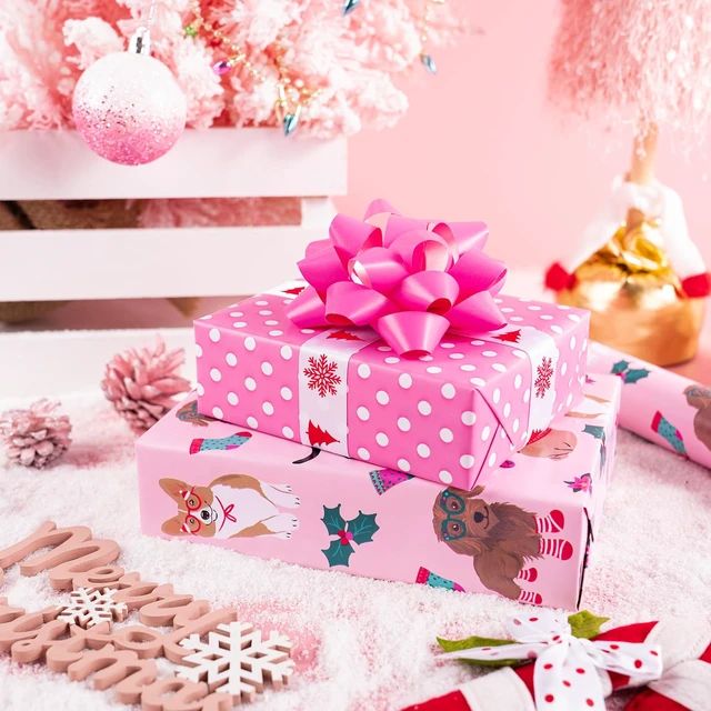 Alt view image 5 of 7 - WRAPAHOLIC Reversible Dog Christmas Wrapping Paper - Mini Roll - 17 Inch x 33 Feet - Pink Christmas Dog Wrapping Paper and Polke Dot Design for Holiday, Puppy Party Celebration