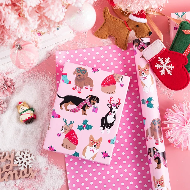 Alt view image 6 of 7 - WRAPAHOLIC Reversible Dog Christmas Wrapping Paper - Mini Roll - 17 Inch x 33 Feet - Pink Christmas Dog Wrapping Paper and Polke Dot Design for Holiday, Puppy Party Celebration