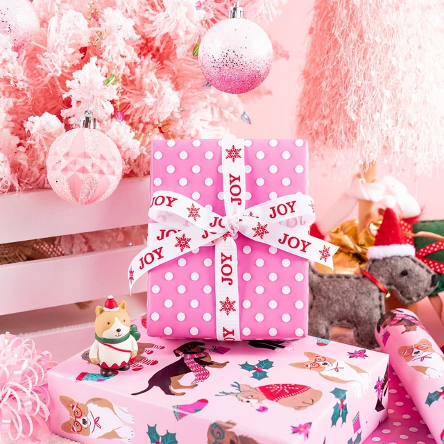 Alt view image 7 of 7 - WRAPAHOLIC Reversible Dog Christmas Wrapping Paper - Mini Roll - 17 Inch x 33 Feet - Pink Christmas Dog Wrapping Paper and Polke Dot Design for Holiday, Puppy Party Celebration