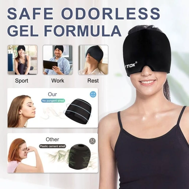 Alt view image 3 of 7 - Migraine Headache Relief Cap, Gel Ice Head Wrap, Hot and Cold Therapy, Headache Eyes Mask for Sinus, Puffy Eyes, Tension and Stress Relief (Black)