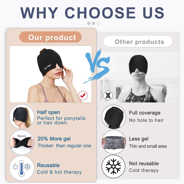 Alt view image 7 of 7 - Migraine Headache Relief Cap, Gel Ice Head Wrap, Hot and Cold Therapy, Headache Eyes Mask for Sinus, Puffy Eyes, Tension and Stress Relief (Black)