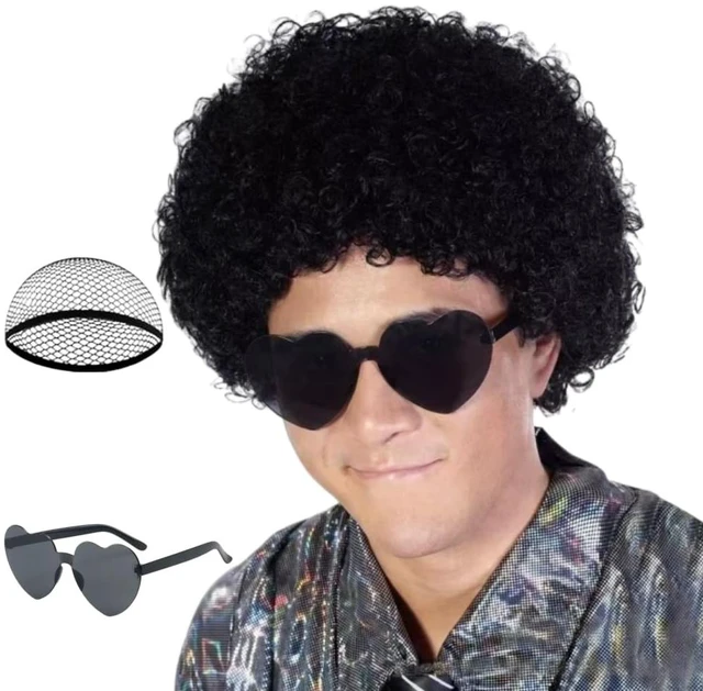 Main image of FREE BEAUTY Black Afro Wig with Heart Sunglasses for Women Men, Colored Short Fluffy Curly Funny Party Afro Wigs 70s 80s Disco Hair for Disco Halloween Cosplay Costume Party Music Festival