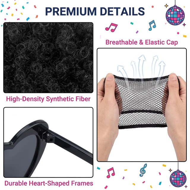 Alt view image 2 of 7 - FREE BEAUTY Black Afro Wig with Heart Sunglasses for Women Men, Colored Short Fluffy Curly Funny Party Afro Wigs 70s 80s Disco Hair for Disco Halloween Cosplay Costume Party Music Festival