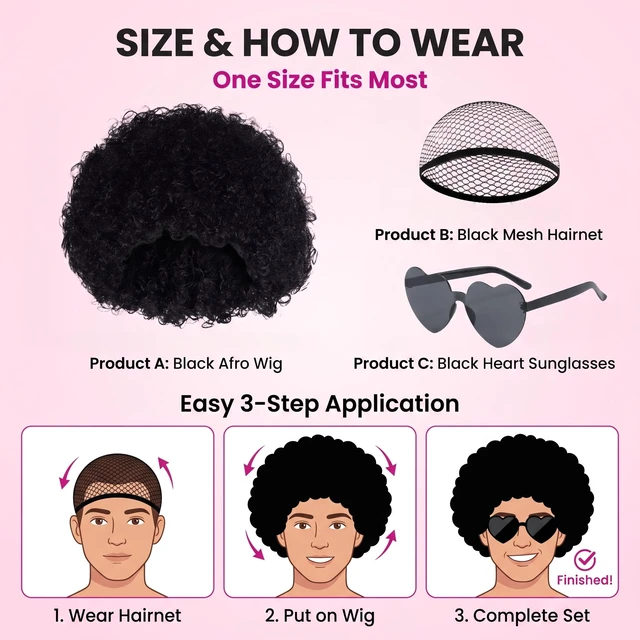 Alt view image 5 of 7 - FREE BEAUTY Black Afro Wig with Heart Sunglasses for Women Men, Colored Short Fluffy Curly Funny Party Afro Wigs 70s 80s Disco Hair for Disco Halloween Cosplay Costume Party Music Festival