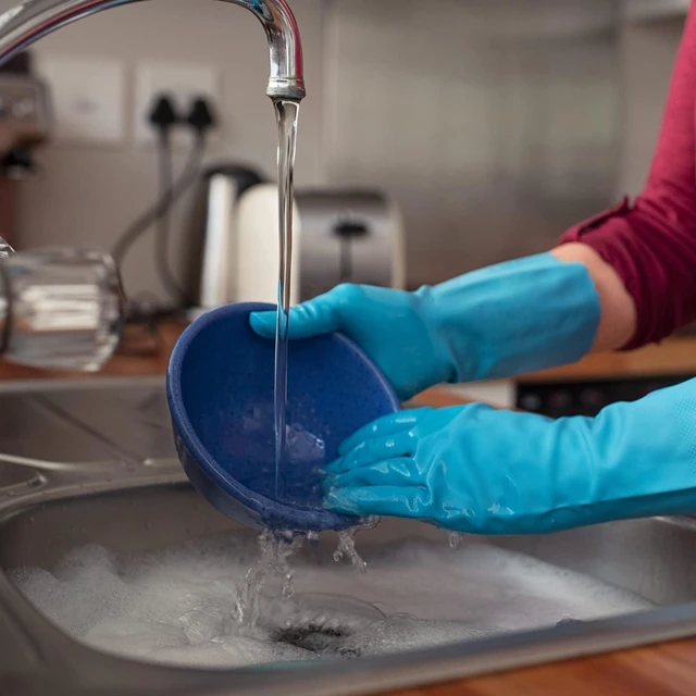 Alt view image 3 of 7 - Bamllum 2 Pairs Reusable Kitchen Gloves for Washing Dishes - Nitrile Rubber Dishwashing Gloves, Reusable Household Cleaning Gloves, Flexible Durable & Non-Slip (Large, Green+Blue)