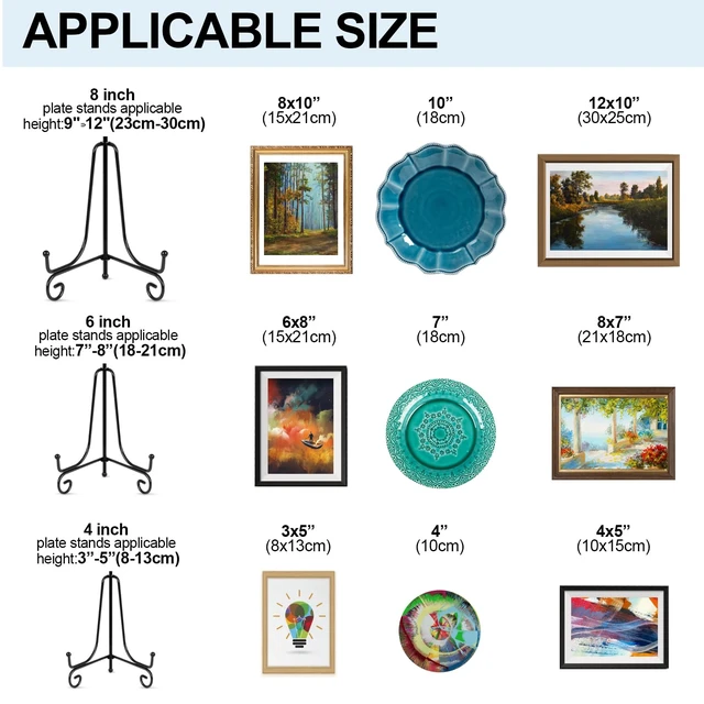 Alt view image 7 of 7 - vivinin 6 Pack Plate Stands For Display (4 Inch, 6 Inch, 8 Inch), Plate Holder 3 Size Picture Frame Stand of Metal, Frame Holder Stand and Artworks for Book, Tabletop Art, Picture, Photo and Platter