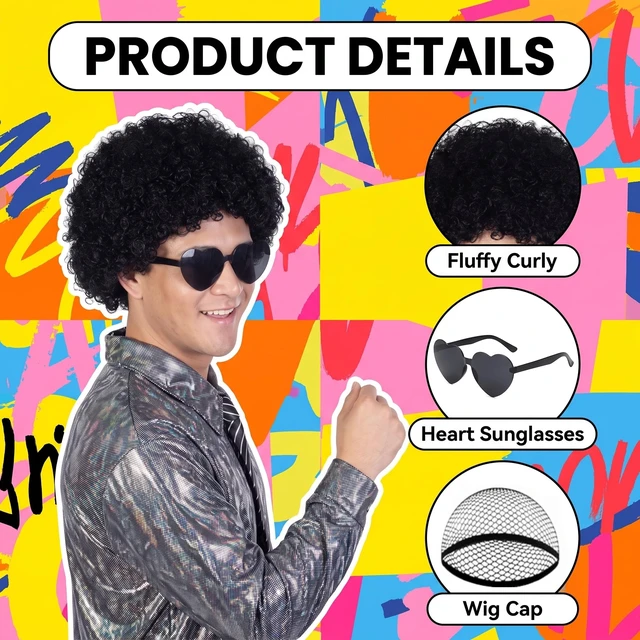 Alt view image 6 of 7 - FREE BEAUTY Black Afro Wig with Heart Sunglasses for Women Men, Colored Short Fluffy Curly Funny Party Afro Wigs 70s 80s Disco Hair for Disco Halloween Cosplay Costume Party Music Festival