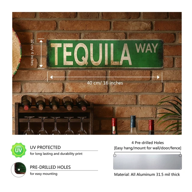 Alt view image 3 of 7 - Tequila Way Street Sign All-Aluminum Vintage Rustic Metal Sign 4x16 Inches, Funny Wall Art for Kitchen, Home Bar, or Outdoor Patio Decor