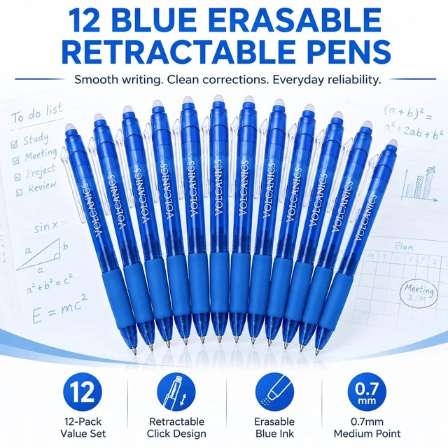 Alt view image 2 of 7 - Volcanics Retractable Clicker Erasable Gel Pens, Blue Ink, 0.7mm, 12 Pack