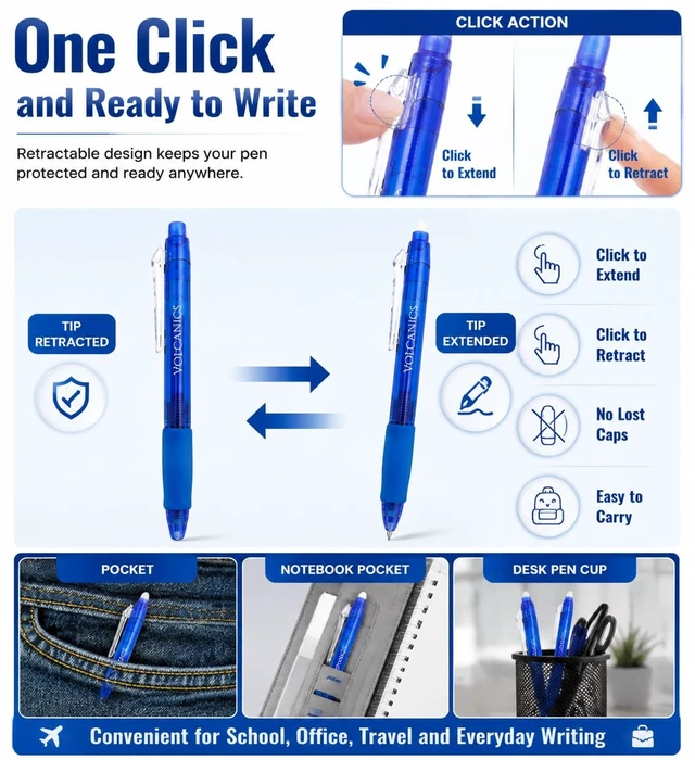Alt view image 6 of 7 - Volcanics Retractable Clicker Erasable Gel Pens, Blue Ink, 0.7mm, 12 Pack