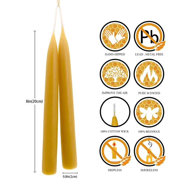 Alt view image 2 of 6 - 8 inch Natural Beeswax Taper Candles Set of 2, DEYBBY Smokeless and Dripless Organic Natural Beeswax Candles for Home Dinner Decor Emergency Housewarming Gift, Long Lasting Burning, Nontoxic