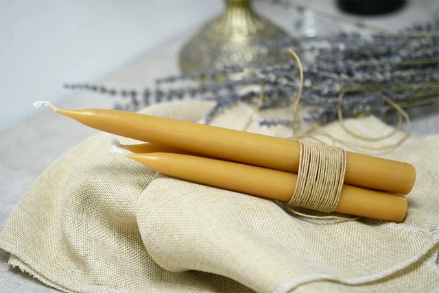 Alt view image 4 of 6 - 8 inch Natural Beeswax Taper Candles Set of 2, DEYBBY Smokeless and Dripless Organic Natural Beeswax Candles for Home Dinner Decor Emergency Housewarming Gift, Long Lasting Burning, Nontoxic