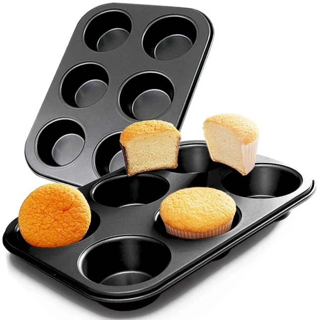 Main image of 2 Packs Premium Steel Muffin Pan for Baking, Round Muffin Baking Pan, Baking Tray for Muffins, Cupcakes, Brownie(Black, 6 Cup)