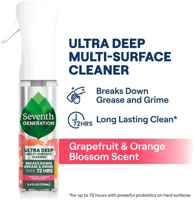 Alt view image 3 of 7 - Seventh Generation Ultra Deep Probiotic Multi Surface Cleaner, 9.4 Fl Oz, Grapefruit & Orange, 80% USDA Biobased All Purpose Cleaning Spray, Breaks Down Tough Grease & Grime, Safe for Kids & Pets