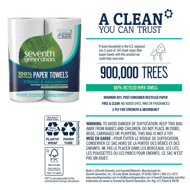 Alt view image 7 of 7 - Seventh Generation 100% Recycled Paper Towels, 2 Regular Rolls, 140 2-Ply Sheets (White) Strong & Absorbent Paper towels for Kitchen, Bathroom & Everyday Cleaning, Whitened Without Chlorine Bleach