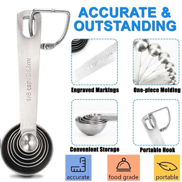 Alt view image 3 of 6 - Stainless Steel Measuring Spoons Set of 6, Premium Heavy Duty, Small Tablespoon with Metric and US Measurements for Dry and Liquid Ingredients