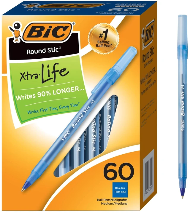 Main image of BIC Round Stic Xtra Life Ballpoint Pen, 1.0mm Medium Point, Blue, 60-Count