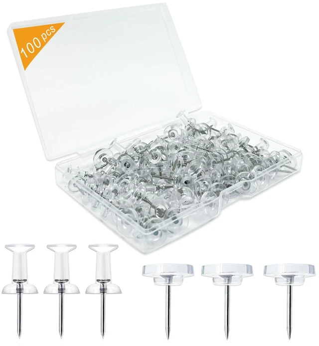 Main image of 100-Pack Heavy-Duty Tacks and Push Pins Clear Flat-Head Thumbtacks with Storage Box for Office, Home, Classroom & Cork Boards