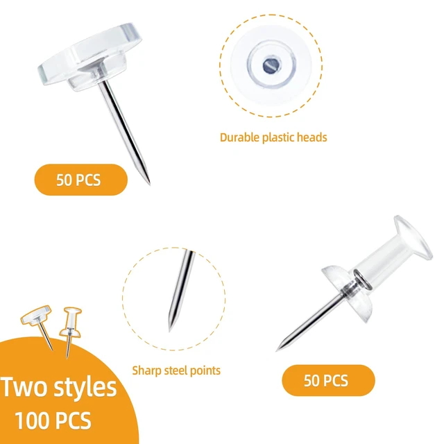 Alt view image 4 of 7 - 100-Pack Heavy-Duty Tacks and Push Pins Clear Flat-Head Thumbtacks with Storage Box for Office, Home, Classroom & Cork Boards