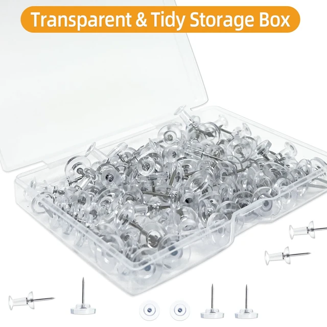 Alt view image 6 of 7 - 100-Pack Heavy-Duty Tacks and Push Pins Clear Flat-Head Thumbtacks with Storage Box for Office, Home, Classroom & Cork Boards