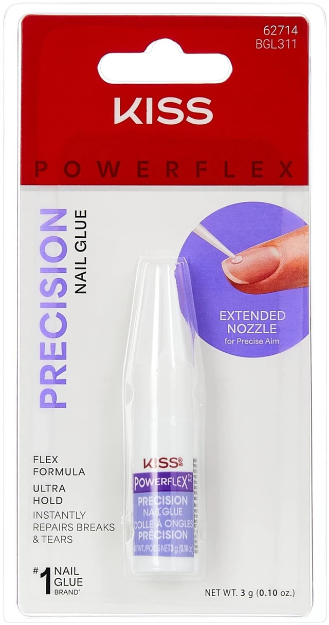 Main image of Kiss PowerFlex Precision Nail Glue for Press Ons, Kits, Tips & Wraps, 0.10 oz, Ultra Strong Bond, Fast Drying Adhesive, Instantly Repairs Cracks, Splits & Breaks, Extended Nozzle for Precision