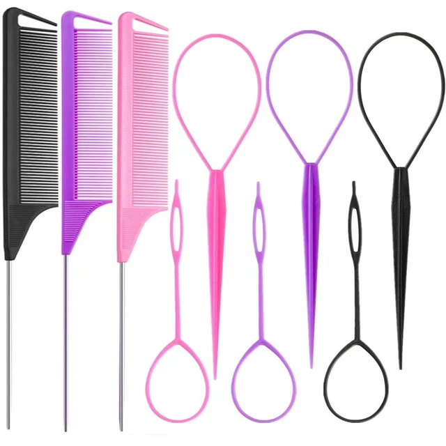 Main image of Luumxai 9pcs Topsy Hair Tail Tool and rat tail comb set,6pcs French Braiding Tool ring,3Pcs Metal Parting Combs,Woman Girl Hair Styling (Pink,Purple, Black)