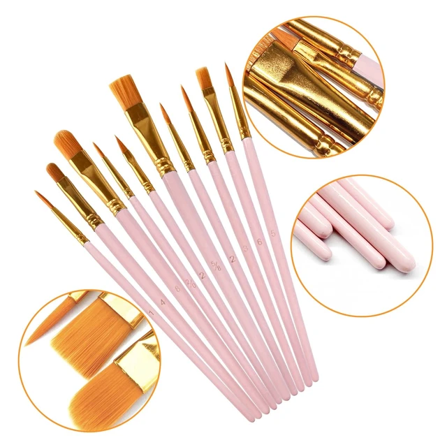 Alt view image 2 of 7 - 1 Pack Paint Brushes Set, 10 Pcs Nylon Hair Painting Brushes for Watercolor, Oil, Acrylic Paint, Pink