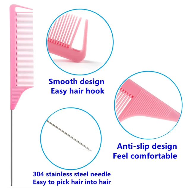 Alt view image 3 of 4 - Luumxai 9pcs Topsy Hair Tail Tool and rat tail comb set,6pcs French Braiding Tool ring,3Pcs Metal Parting Combs,Woman Girl Hair Styling (Pink,Purple, Black)