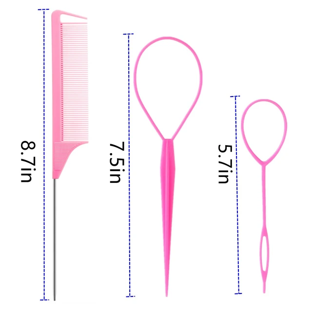 Alt view image 4 of 4 - Luumxai 9pcs Topsy Hair Tail Tool and rat tail comb set,6pcs French Braiding Tool ring,3Pcs Metal Parting Combs,Woman Girl Hair Styling (Pink,Purple, Black)