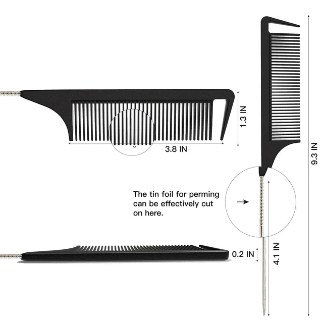Alt view image 2 of 5 - Yumflan Hair Comb, Rat Tail Comb for Braiding Hair, Fine Tooth Hair Comb with Stainless Steel Pintail for Sectioning, Parting and Styling - Black