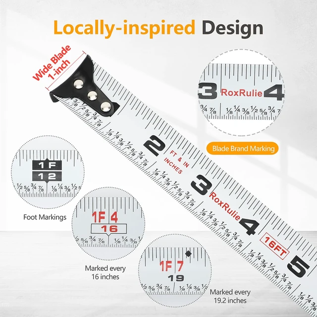 Alt view image 2 of 7 - Tape Measure with Fractions 1/8, Measuring Tape 16 FT, 1 Inch/25mm Wide Blade Measurement Tape, Easy Read, Small, Local Design with Fractional Read, Great for Around the House and Carpenter