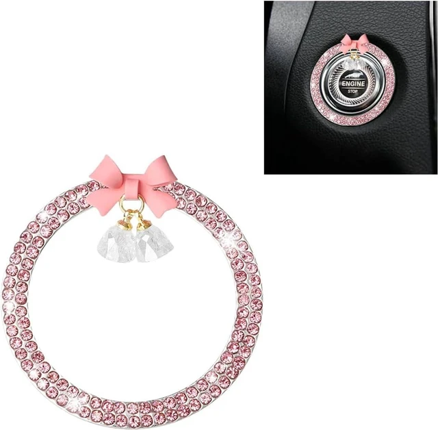 Main image of Bling Diamond Car Engine Start Stop Button Decoration Ring, Crystal Rhinestone Push to Start Button Cover Knob Ring with Cute Bow, Bling Ring Emblem Key Ignition Starter Sticker for Women (Pink)
