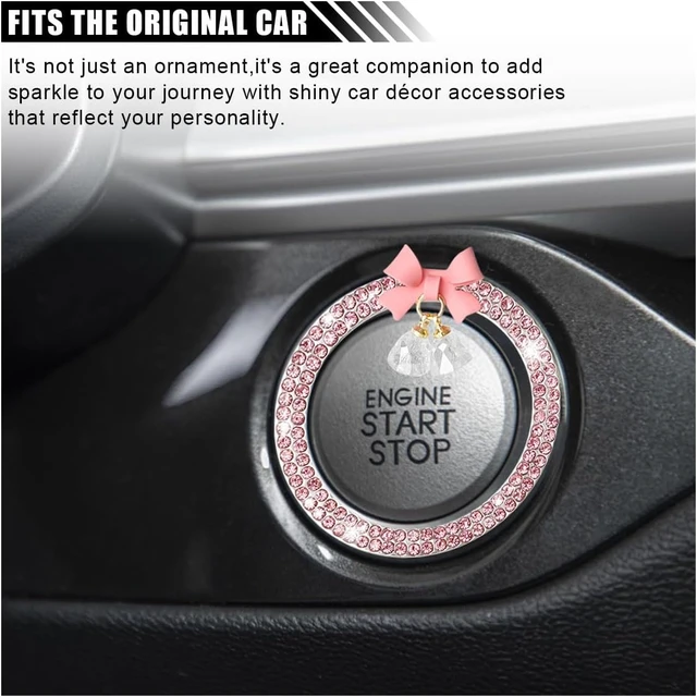 Alt view image 6 of 6 - Bling Diamond Car Engine Start Stop Button Decoration Ring, Crystal Rhinestone Push to Start Button Cover Knob Ring with Cute Bow, Bling Ring Emblem Key Ignition Starter Sticker for Women (Pink)