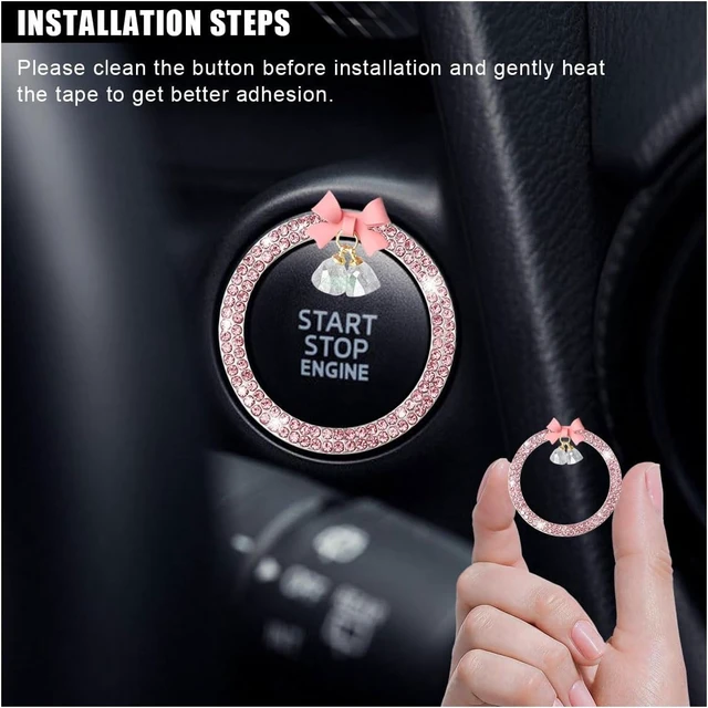Alt view image 4 of 6 - Bling Diamond Car Engine Start Stop Button Decoration Ring, Crystal Rhinestone Push to Start Button Cover Knob Ring with Cute Bow, Bling Ring Emblem Key Ignition Starter Sticker for Women (Pink)