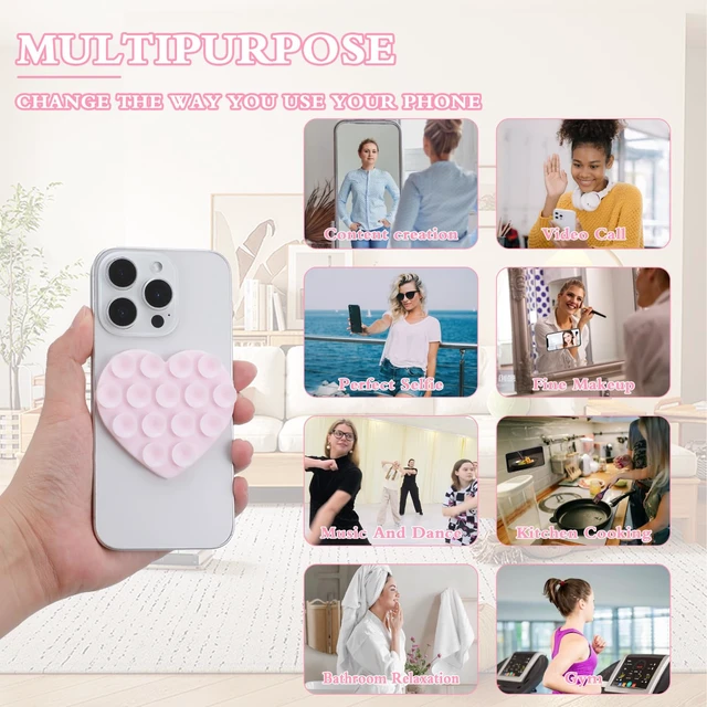 Alt view image 4 of 7 - Nogeqi 2PCS Heart Suction Phone Grip Silicone Suction Phone Case Heart Suction Cup Phone Grip Double Sided Suction Cup Phone Case for Mobile Devices Mirrors Glass and More(Pink, Clear)