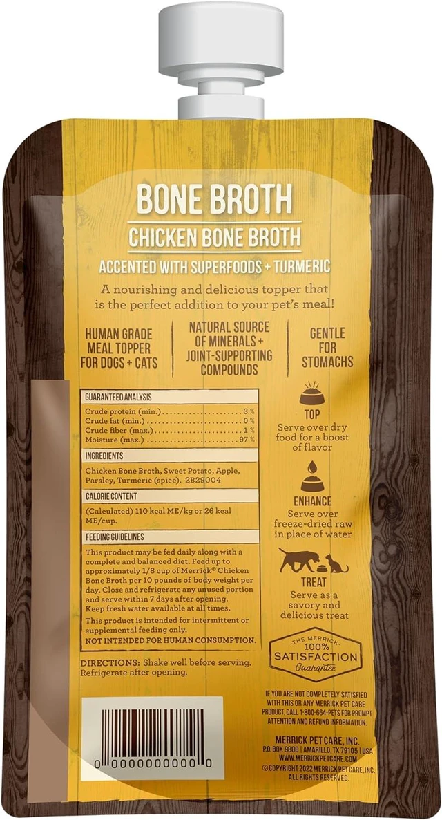 Alt view image 3 of 7 - Merrick Grain Free Chicken Bone Broth Dog and Cat Food Topper, 7 oz Pouch