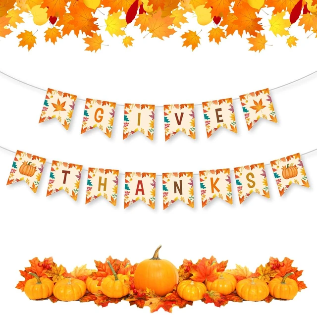 Main image of Give Thanks Banner - Happy Thanksgiving Decorations Banners, Fall Maple Leaf Pumpkin Sign Garland Backdrop Banner for Thanksgiving Party Supplies Favors Indoor Outdoor Home Office Wall Door Decor
