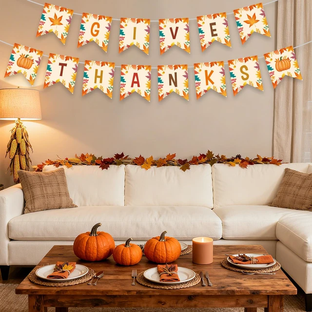 Alt view image 2 of 7 - Give Thanks Banner - Happy Thanksgiving Decorations Banners, Fall Maple Leaf Pumpkin Sign Garland Backdrop Banner for Thanksgiving Party Supplies Favors Indoor Outdoor Home Office Wall Door Decor