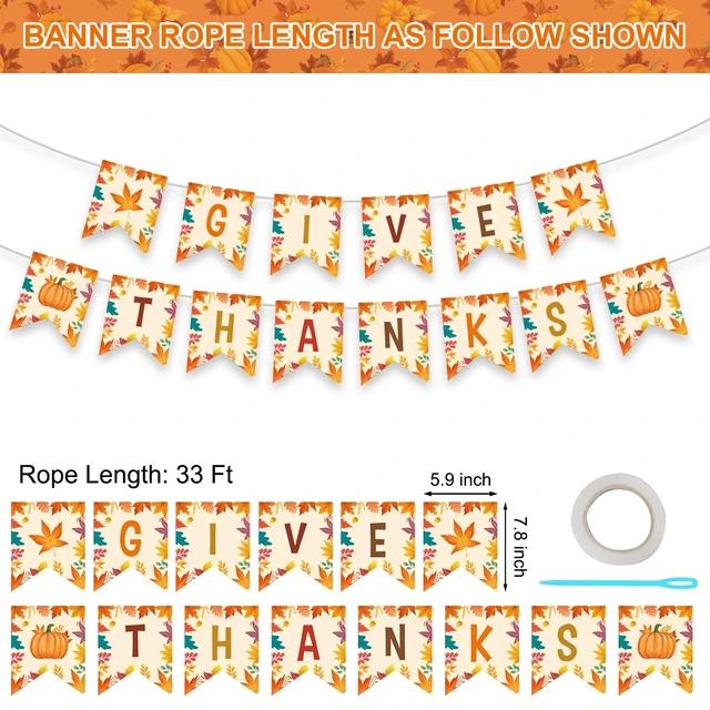 Alt view image 3 of 7 - Give Thanks Banner - Happy Thanksgiving Decorations Banners, Fall Maple Leaf Pumpkin Sign Garland Backdrop Banner for Thanksgiving Party Supplies Favors Indoor Outdoor Home Office Wall Door Decor