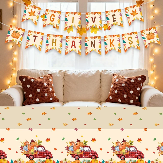 Alt view image 7 of 7 - Give Thanks Banner - Happy Thanksgiving Decorations Banners, Fall Maple Leaf Pumpkin Sign Garland Backdrop Banner for Thanksgiving Party Supplies Favors Indoor Outdoor Home Office Wall Door Decor
