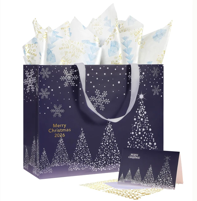 Main image of Bobobag 13" Deep Blue Large Christmas Gift Bag with Tissue Paper and Greeting Card, Personalized Platinum Quality Gift Bag for Man's Present