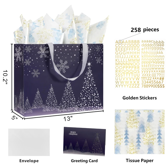 Alt view image 2 of 6 - Bobobag 13" Deep Blue Large Christmas Gift Bag with Tissue Paper and Greeting Card, Personalized Platinum Quality Gift Bag for Man's Present