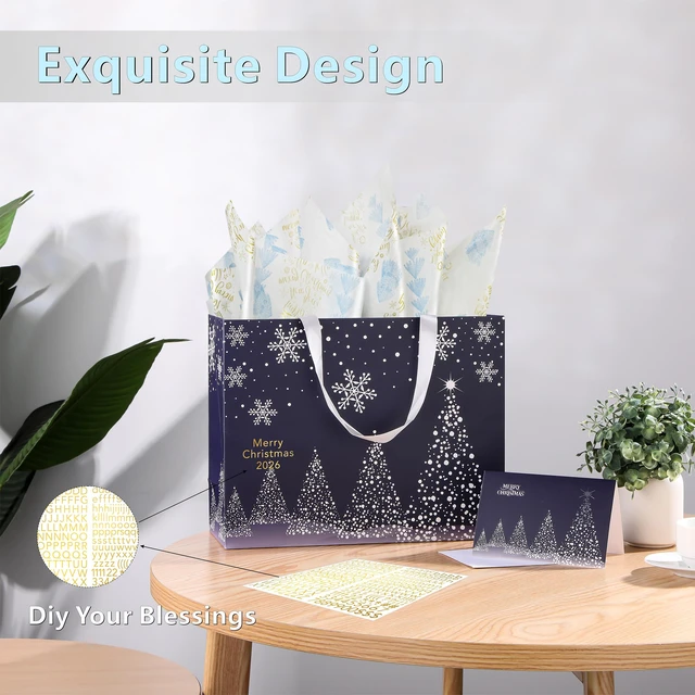 Alt view image 3 of 6 - Bobobag 13" Deep Blue Large Christmas Gift Bag with Tissue Paper and Greeting Card, Personalized Platinum Quality Gift Bag for Man's Present
