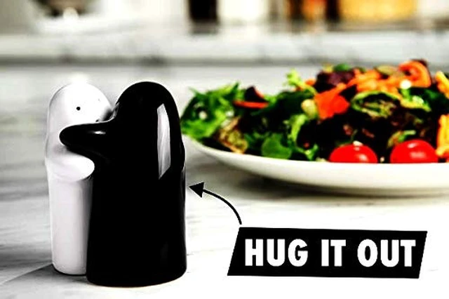 Alt view image 2 of 6 - Salt and Pepper Shakers Cute Decorative Novelty Hugging Shakers Couple Set Black and White Modern and Vintage Hug Design Easy to Refill and Dispenser Shaker Set