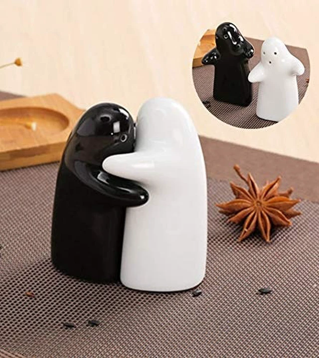 Alt view image 6 of 6 - Salt and Pepper Shakers Cute Decorative Novelty Hugging Shakers Couple Set Black and White Modern and Vintage Hug Design Easy to Refill and Dispenser Shaker Set