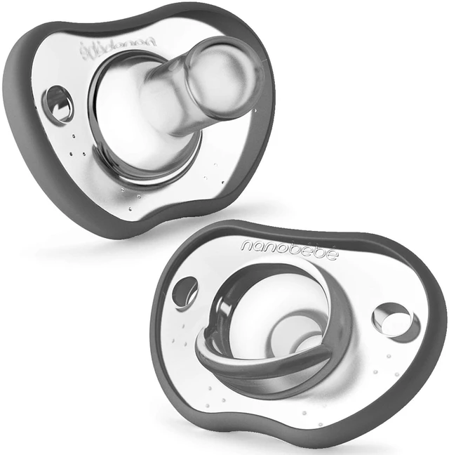 Main image of Nanobebe Baby Pacifiers 0-3 Month - Orthodontic, Curves Comfortably with Face Contour, Award Winning for Breastfeeding Babies, 100% Silicone, Perfect Baby Registry Gift 2pk,Grey